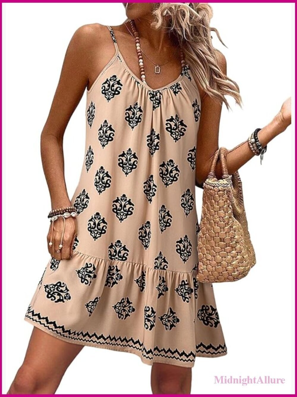 Spaghetti Strap V Neck Smocked Ruffle Flowy Boho Mini Dress